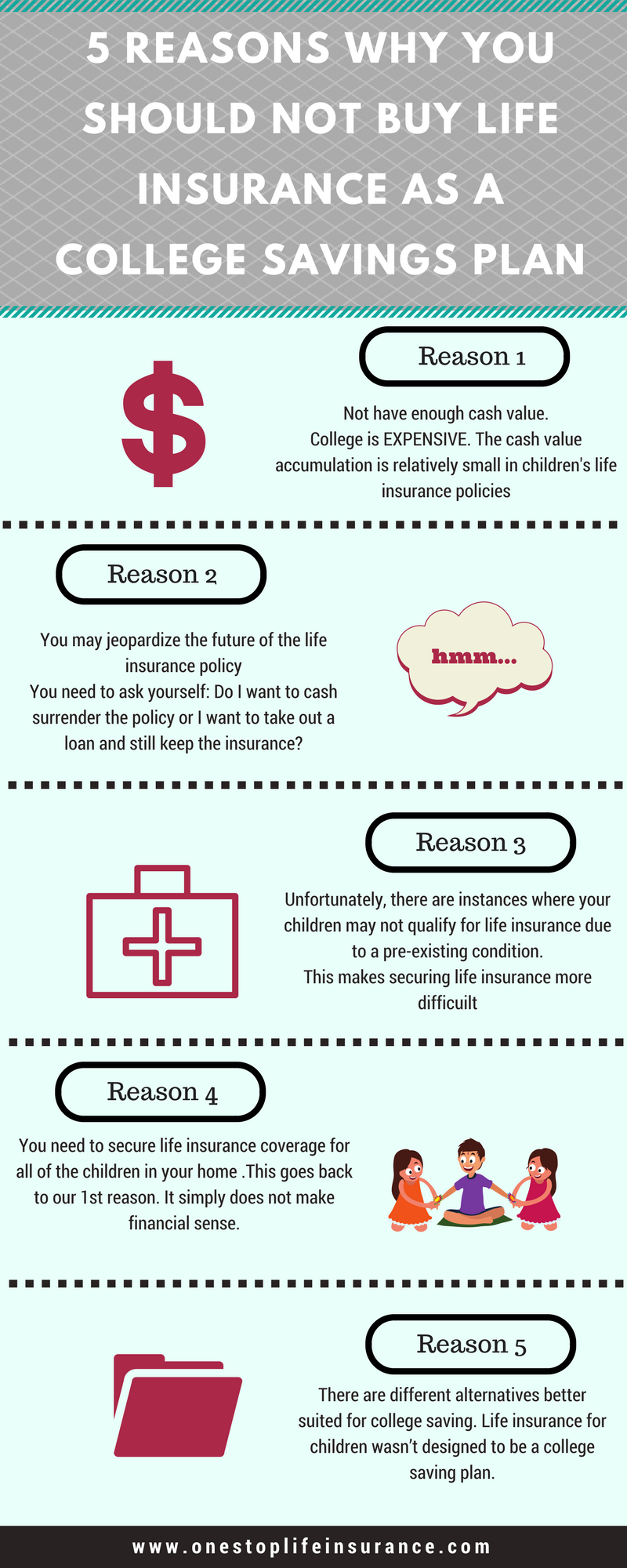 Infographic with 5 reasons why you should not buy life insurance as a college savings plan